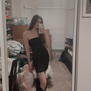 wild fable Black Strapless Sequin Fringe Mini Dress